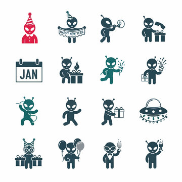 Festive Alien Icons: Celebrating New Year and Special Occasions.