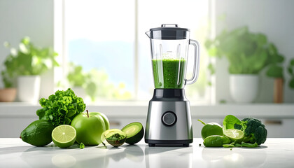 Green smoothie blender with fresh vegetables and fruits
