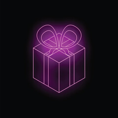 Glowing neon purple gift box with a bow is standing on a black background