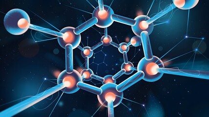 Abstract glowing molecular structure with interconnected atoms and glowing energy in a dark background