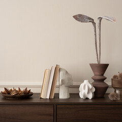 Interior design of aesthetic living room interior with copy space, wooden sideboard, vase with...