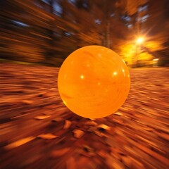 A long exposure photograph of a ball in motion, showcasing warm autumn colors, motion trails, and an earthy cozy atmosphere