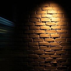A long exposure photograph of a textured brick macro wall, in high contrast and low key lighting; deep shadows create a dramatic effect, motion or light trails are visible.