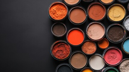 A variety of open paint cans display vibrant colors against a black background, arranged neatly in a partial circle.