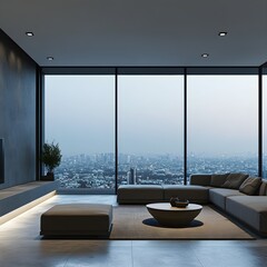 Fototapeta premium Minimalist Living Room Night City View Gray Sofa Large Window