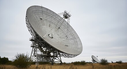 A large radio telescope dish stands prominently against a cloudy sky, with a smaller dish visible in the distance, set in a grassy field