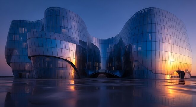 The futuristic building with curved glass facade reflects the sunset, creating a stunning architectural image with warm and cool color contrast