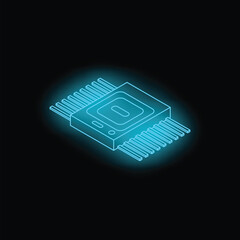 Neon blue microchip representing technological advancement, glowing on a black background