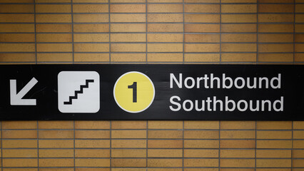 Directional signs in the Toronto, Ontario rapid transit subway system.