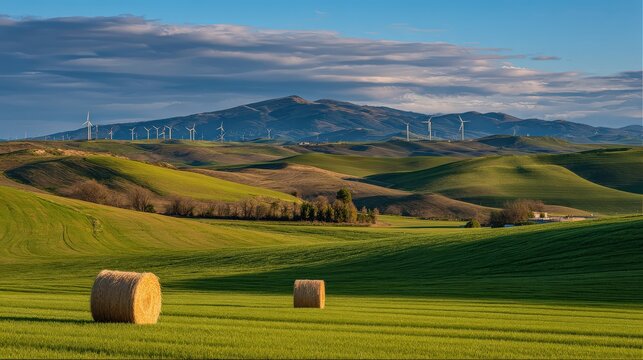 Lush green hills with hay bales and wind turbines in the distance under a cloudy sky, showcasing a serene rural landscape.