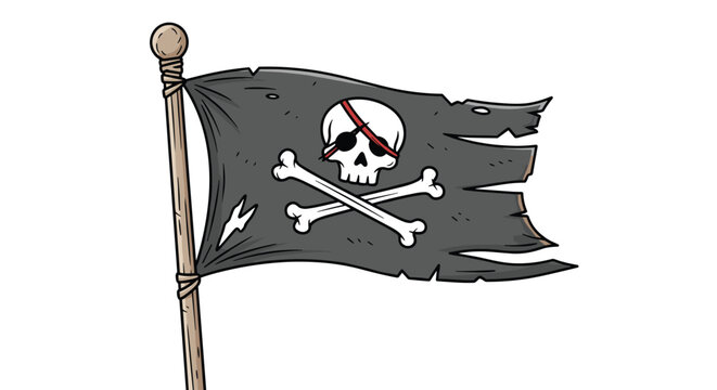 A tattered black pirate flag with a skull and crossbones flutters on a wooden flagpole.