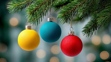 Colorful Christmas ornaments in vibrant yellow, blue, and red hanging from lush evergreen branches, creating a festive atmosphere with soft bokeh lights in the background for holiday celebration