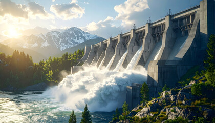 Hydroelectric dam with mountains and river