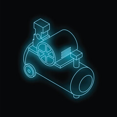 Air compressor with glowing neon blue lines on a black background, creating a vibrant and futuristic isometric illustration