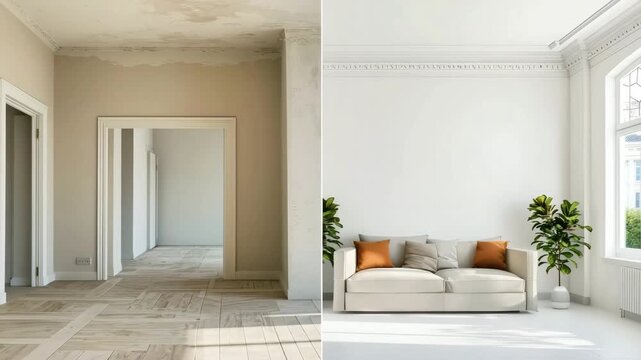 Collage of room before and after renovation, reconstruction. Bright room with high ceiling in old antique house.	