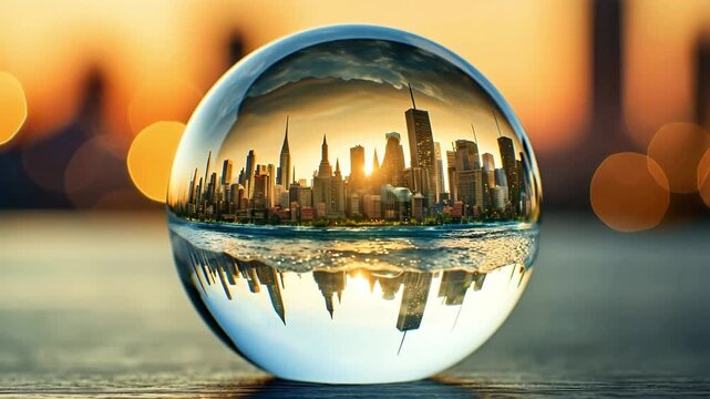 City in transparent crystal glass ball