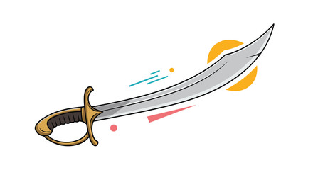 Naklejka premium Stylized illustration of a curved sword with a golden hilt and guard, against a white background with abstract shapes.