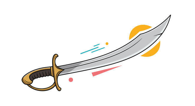 Stylized illustration of a curved sword with a golden hilt and guard, against a white background with abstract shapes.