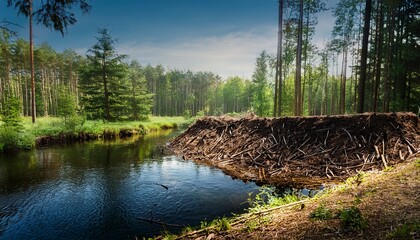 Beaver Dam On A River In Forest