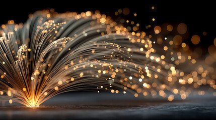 Close up of fiber optics with glowing ends and bokeh lights against a dark background showing technology