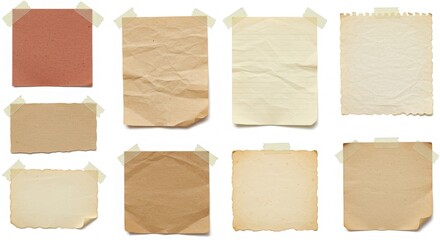 Selection of aged paper notes isolated on white background, affixed with tape pieces