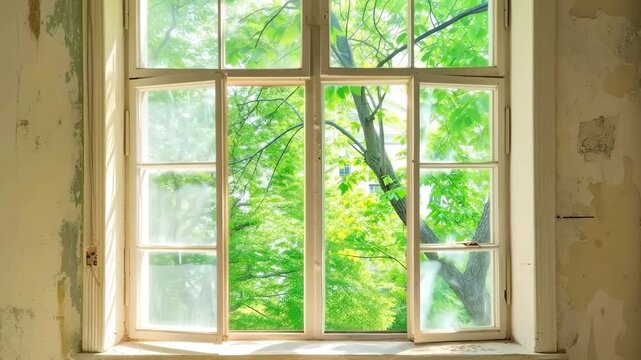 before renovation, reconstruction. Bright room with high ceiling in old antique house.