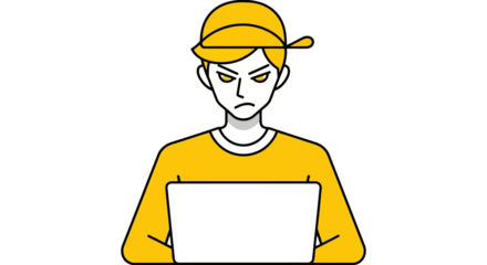 Frustrated young man wearing a yellow cap working on a laptop with an angry expression