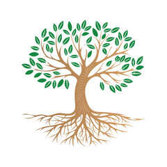 Green Life Tree Logo with Roots and Leaves on White