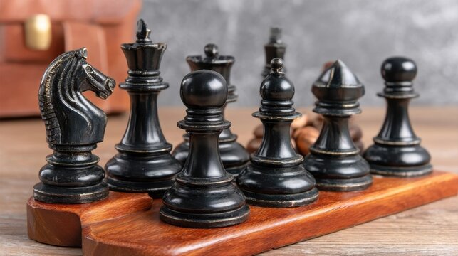 A close-up of black chess pieces arranged on a wooden chessboard, showcasing detailed craftsmanship and strategic game elements.