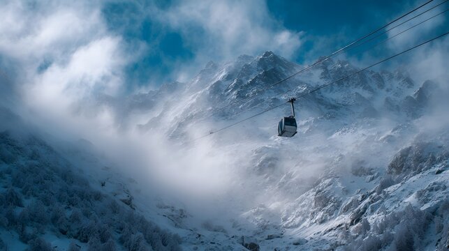 A cable car ascends a snowy misty mountain landscape under a dramatic sky
