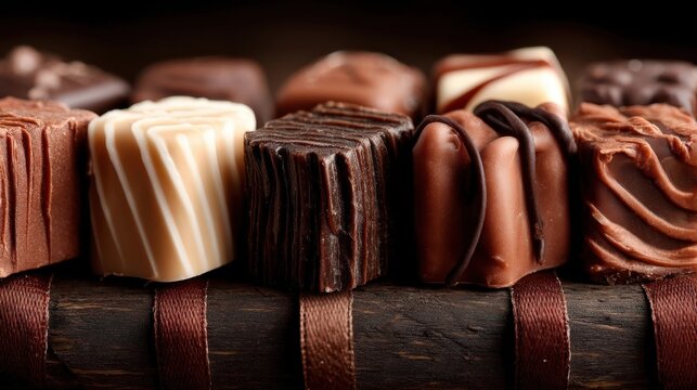 A delicious assortment of gourmet chocolates arranged in a neat row on a rustic wooden surface.