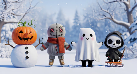Obraz premium Festive Winter Characters: Pumpkin Snowman Voodoo Doll Ghost and Grim Reaper.
