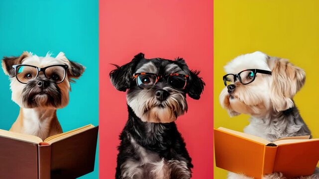 Collage set of clever funny dogs different breeds with glasses and book on colored background.