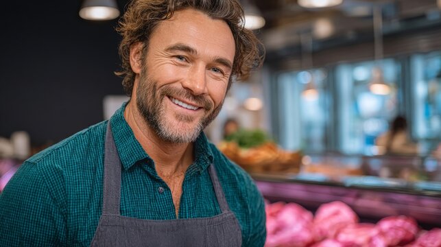 Smiling male grocery store employee wearing an apron stands confidently in front of fresh produce display, showcasing vibrant fruits and vegetables, creating a welcoming shopping atmosphere for custom