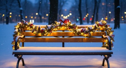 Festive park bench covered in snow and decorated with christmas lights