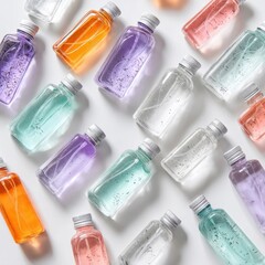 Colorful bottles of liquid arranged neatly on a white surface, each with a metallic cap and unique contents, creating a vibrant and organized display.