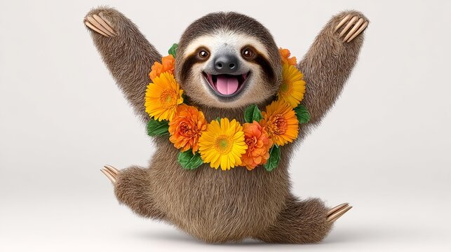 Cheerful sloth character wearing a vibrant floral necklace, joyfully posing with arms raised, showcasing a playful and friendly demeanor, perfect for children's illustrations and joyful designs
