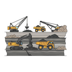 Obraz premium Vector illustration of coal mining process with heavy machinery in an open-pit and underground mine.