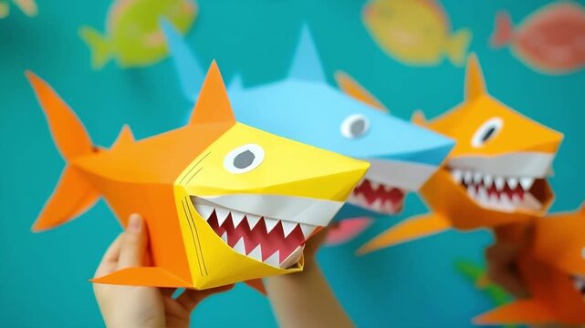 DIY and kids creativity. Child hand hold funny blue and orange baby shark from paper. Children Craft workshop. 