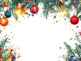 Christmas background in watercolor style for graphic design or wallpaper. Pine leaf template with Christmas decorations on a white background for text.