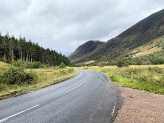 A view of the Scotland Countryside near Ben Nevis on a misty day