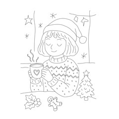 Cozy morning coffee doodle illustration. Cute girl enjoying coffee in a cozy café. Hand drawn coffee moment vector art. Relaxing coffee time flat line style. Warm coffee break with cute character. 