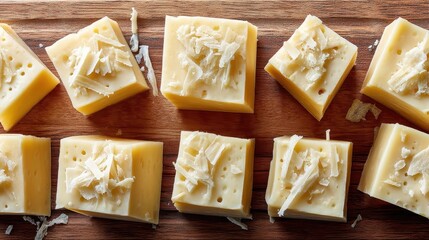 Cubes of cheese topped with grated cheese, arranged on a wooden surface.