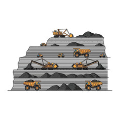 Vector illustration of a multi-level open-pit coal mine showing heavy machinery like excavators and dump trucks at work.
