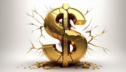 damaged shiny gold money symbol with cracks financial crisis concept isolated on cutout white background