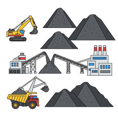 Illustration of a coal mining operation with excavators, conveyor belts, a factory, and piles of coal.