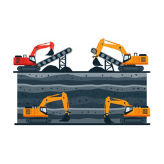 Detailed illustration of a mining operation showing excavators and conveyor belts working both above and below ground, revealing geological layers.