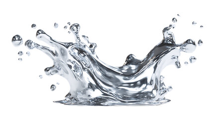 3D render of liquid chrome splash with reflective metallic surface and droplets.