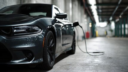 Fototapeta premium A modern dark colored vehicle is plugged into an electric charging station within a dimly lit industrial garage setting