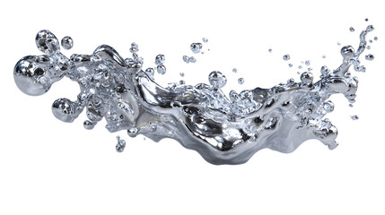 3D render of liquid chrome splash with reflective metallic surface and droplets.